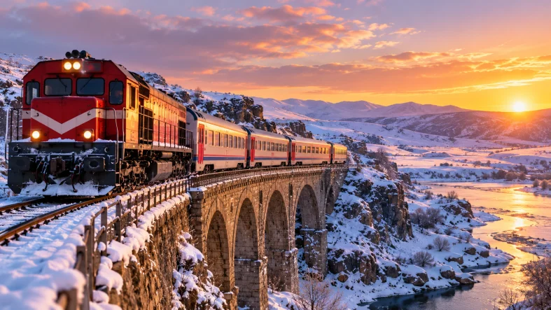 Gün Batımında Karlı Viyadükte Tren