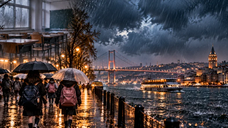 Yağmur Altında İstanbul’da Okul Yolu
